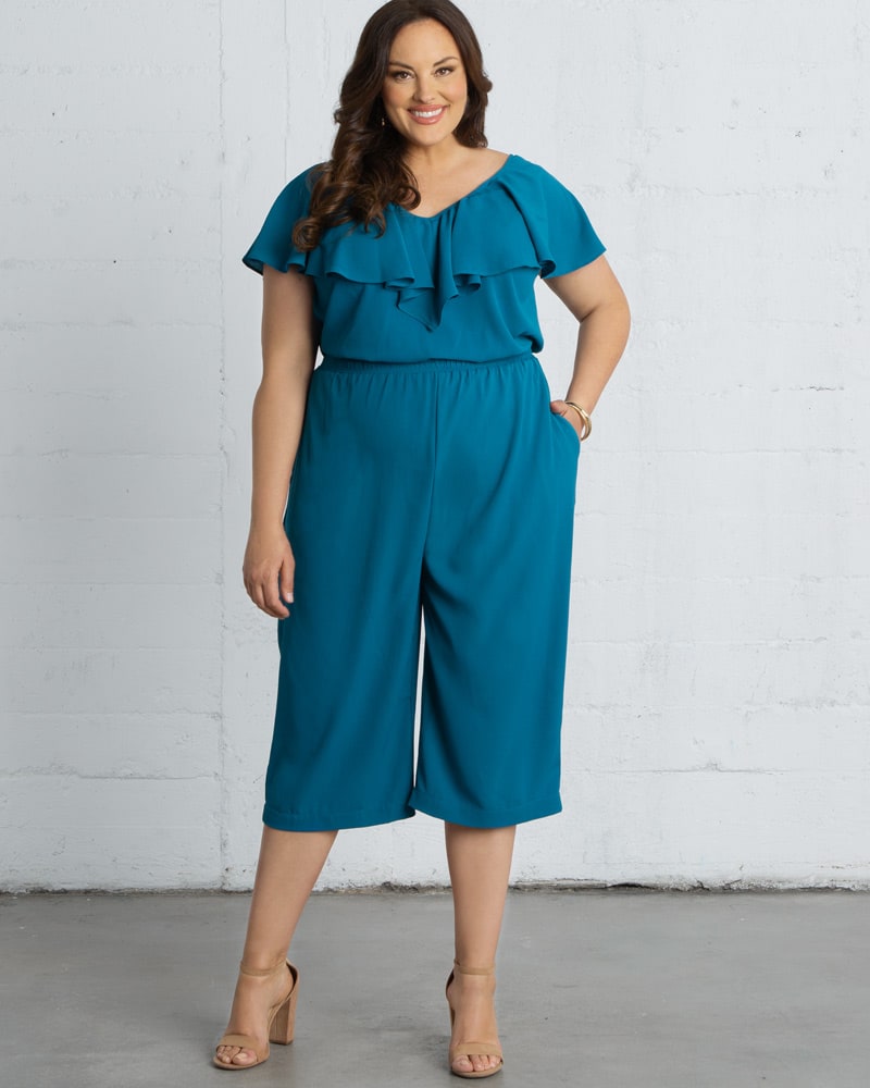 Front of a model wearing a size 0X Avery Cropped Jumpsuit in TEAL THE SHOW by Kiyonna. | dia_product_style_image_id:227552